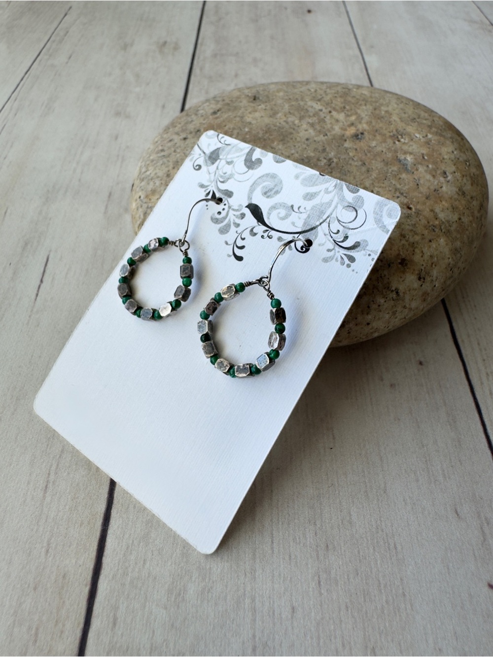 Hand Crafted Green Malachite and Silver Beaded Hoop Earrings